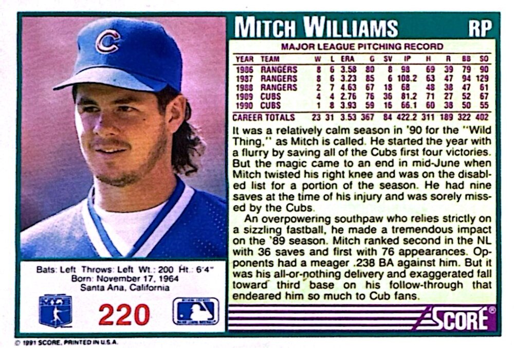 1991 Score Mitch Williams Baseball Card #220