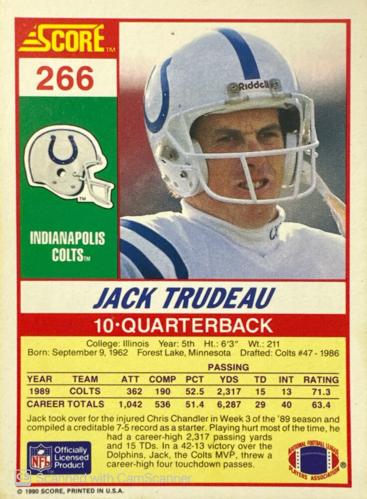 1990 Score Jack Trudeau Football Card #266