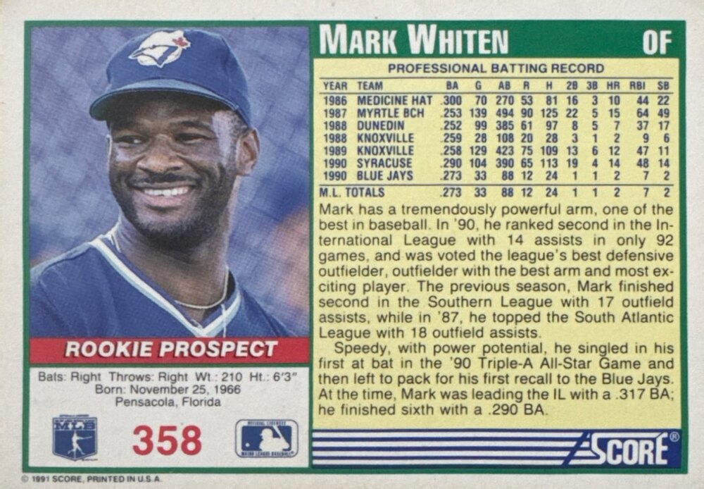 1991 Score Mark Whiten Baseball Card #358