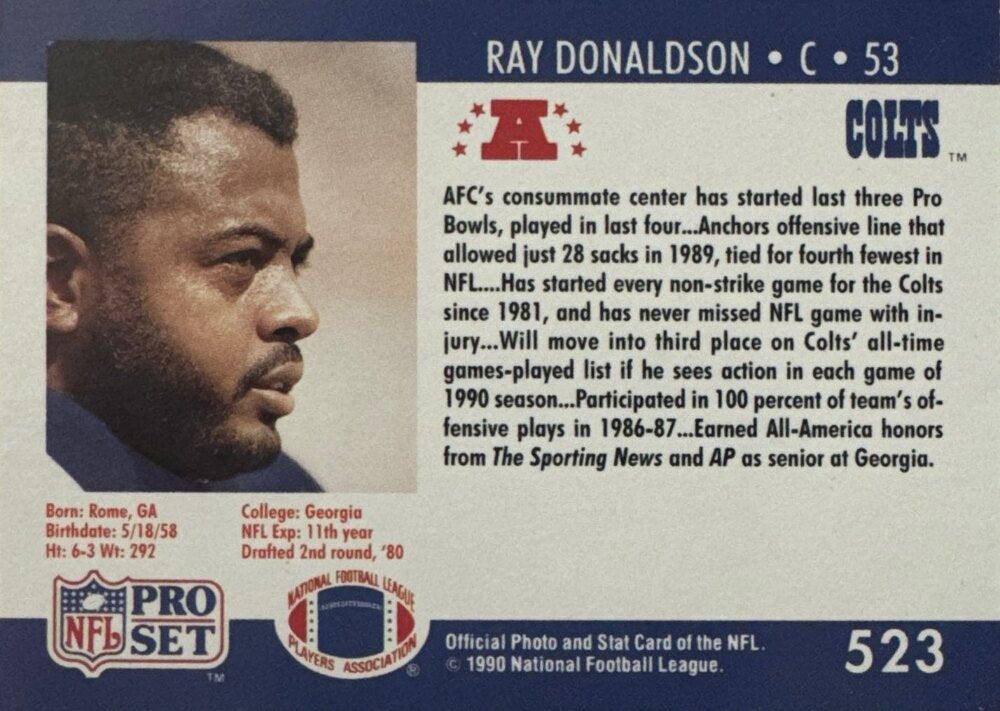 1990 NFL Pro Set Ray Donaldson Football Card #523