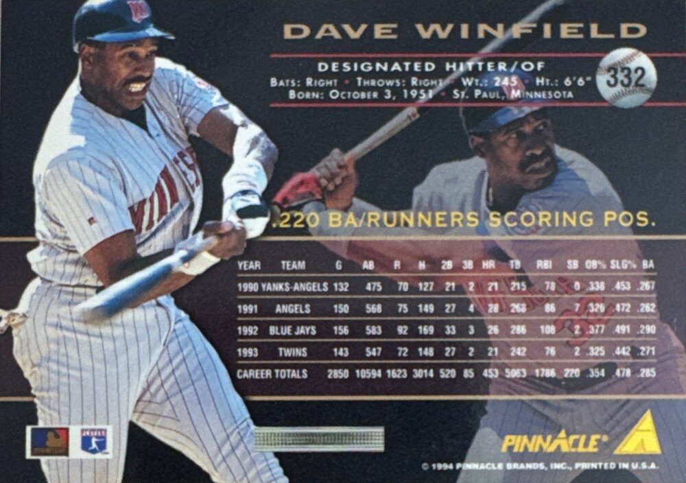 1994 Pinnacle Dave Winfield Baseball Card #332