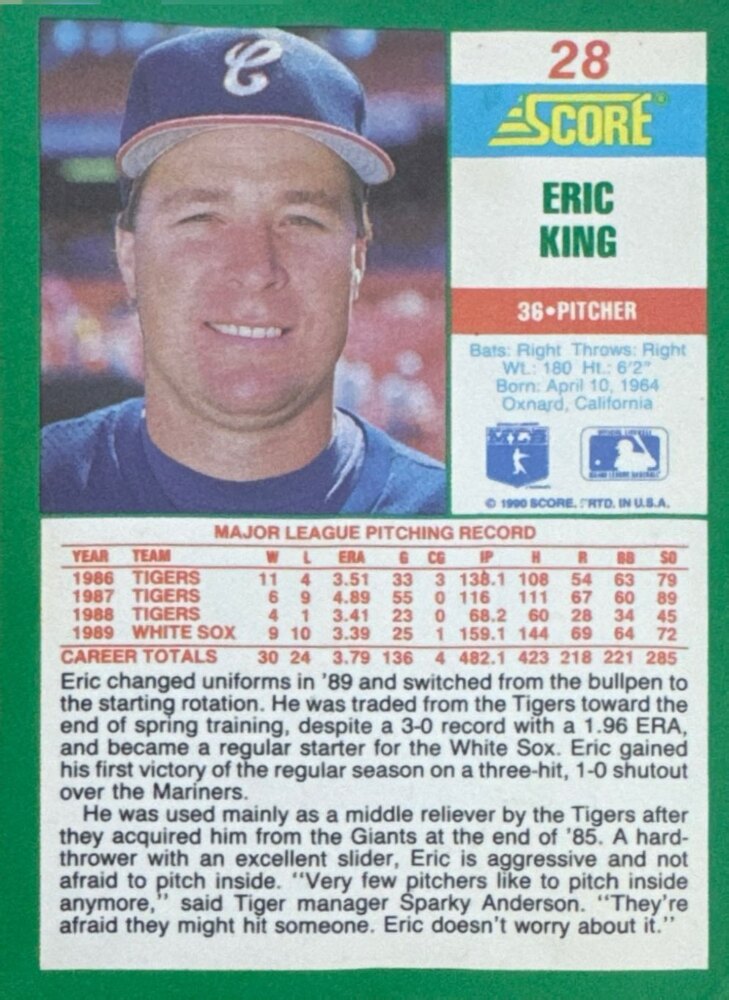 1990 Score Eric King Baseball Card #28