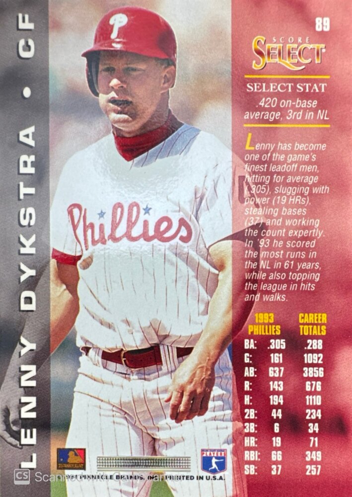 1994 Score Select Lenny Dykstra Baseball Card #89