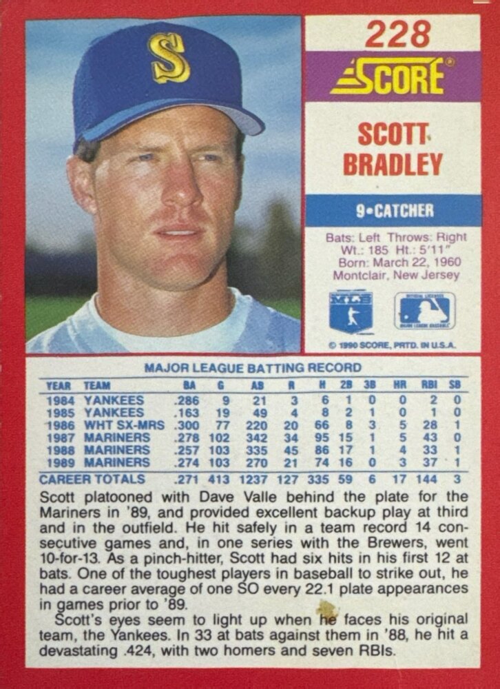 1990 Score Scott Bradley Baseball Card #228