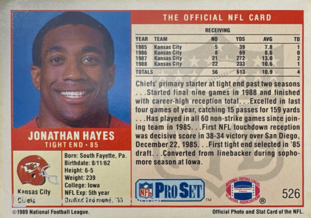 1989 NFL Pro Set Jonathan Hayes Football Card #526