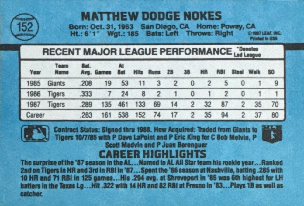 1988 Donruss Matthew Dodge Nokes Baseball Card #152