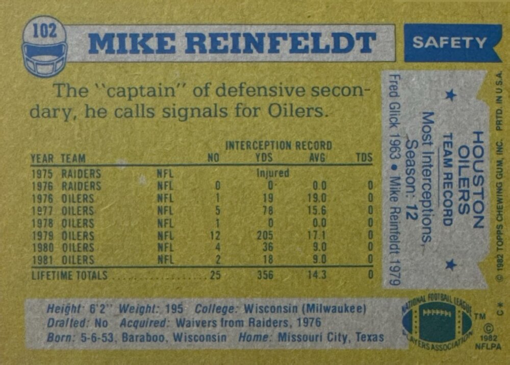 1982 Topps Mike Reinfeldt Baseball Card #102