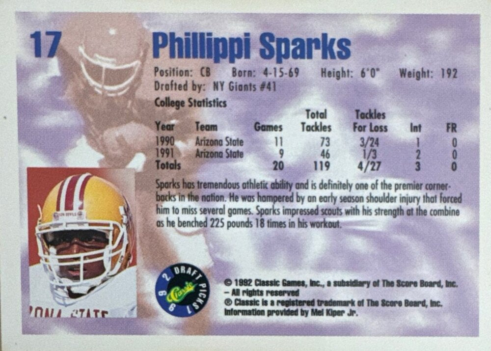 1992 Classic Draft Picks Phillippi Sparks Football Card #17