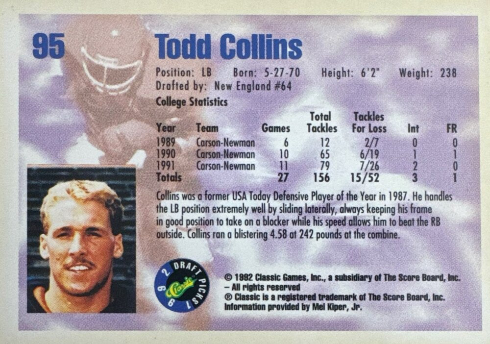 1992 Classic Draft Picks Todd Collins Football Card #95