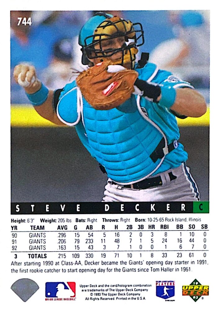 1993 Upper Deck Steve Decker Baseball Card #744