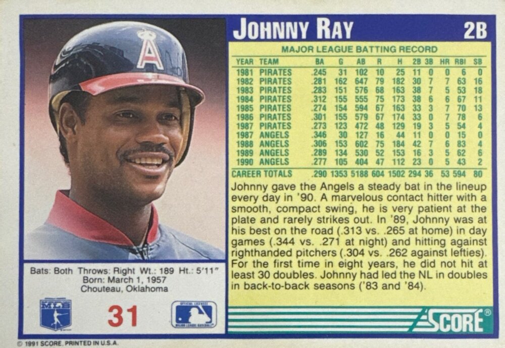 1991 Score Johnny Ray Baseball Card #31