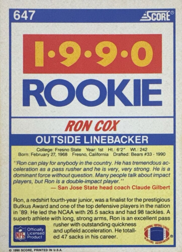 1990 Score 1990 Rookie Ron Cox Football Card #647