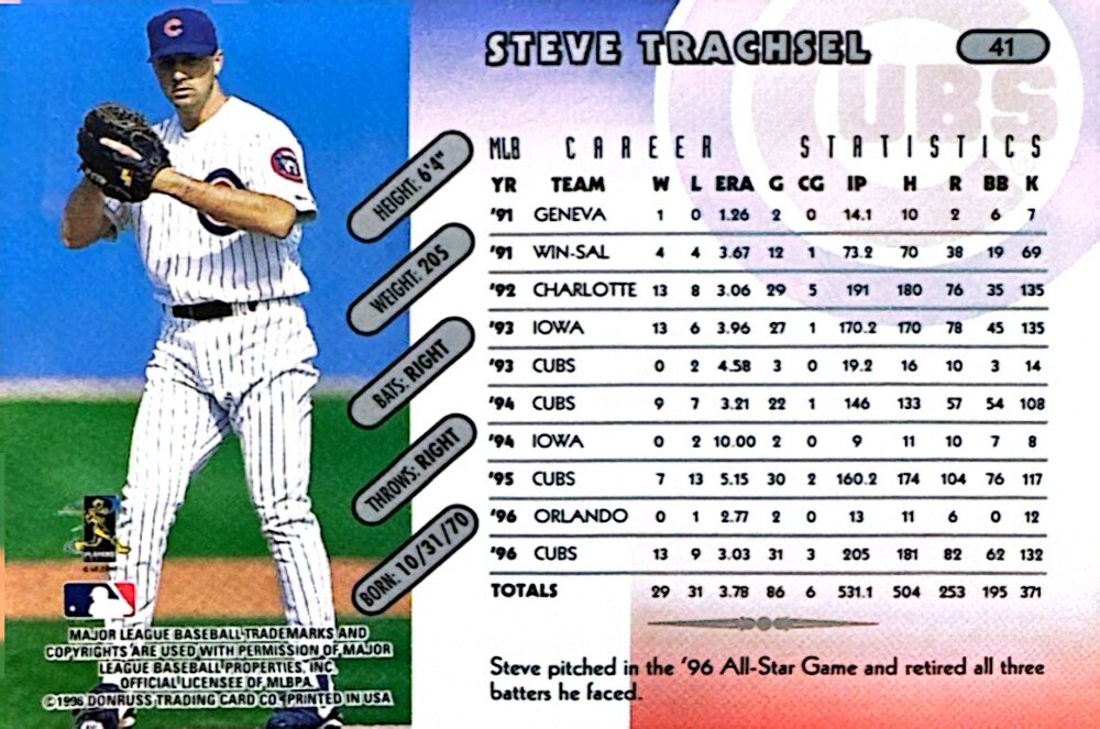 1996 Donruss Steve Trachsel Baseball Card #41