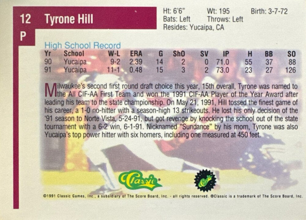 1991 Classic Tyrone Hill Baseball Card #12