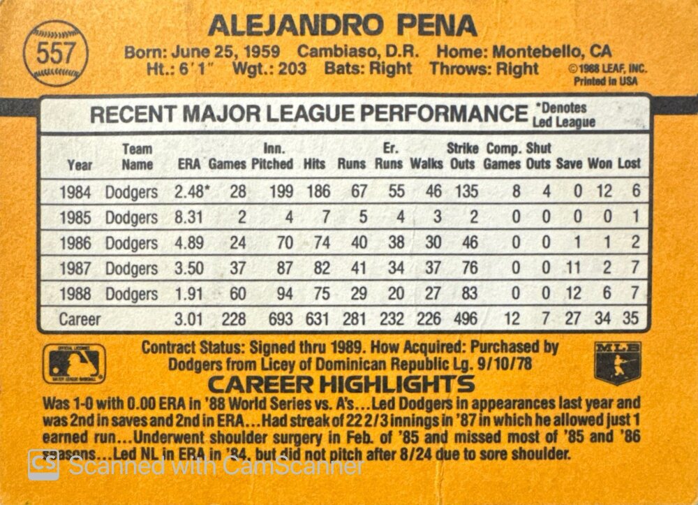 1989 Donruss Alejandro Pena Baseball Card #557