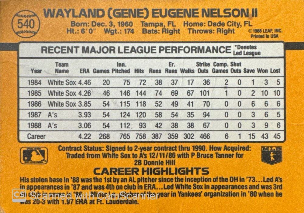 1989 Donruss Wayland (Gene) Eugene Nelson II Baseball Card #540