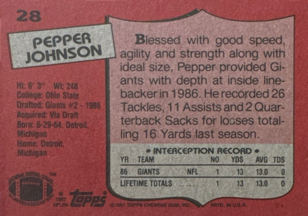 1987 Topps Pepper Johnson Football Card #28