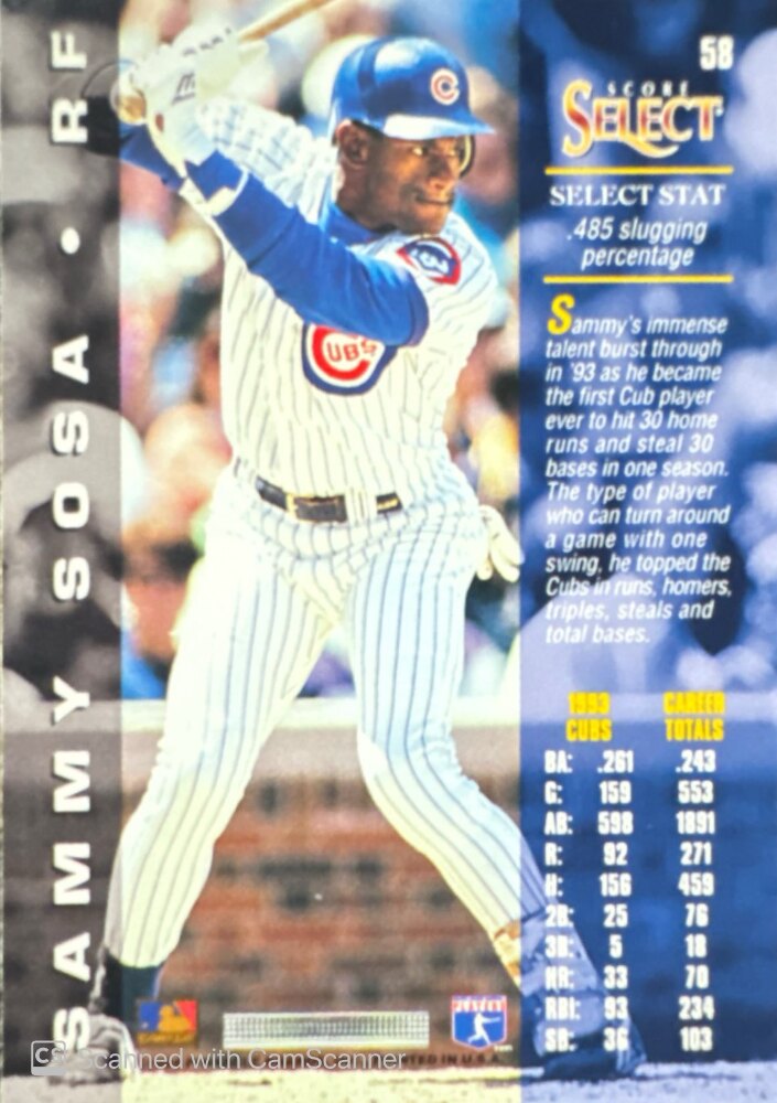 1994 Score Select Sammy Sosa Baseball Card #58