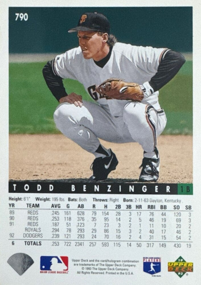 1993 Upper Deck Todd Benzinger Baseball Card #790