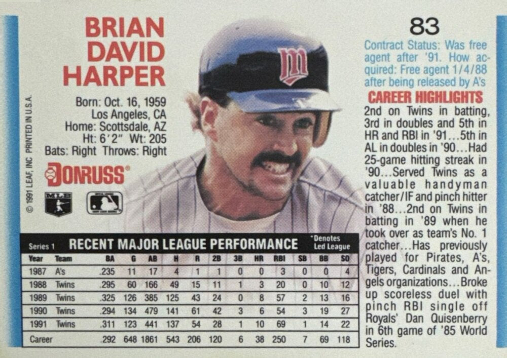 1992 Donruss Brian David Harper Baseball Card #83