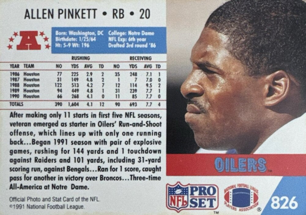 1991 NFL Pro Set Allen Pinkett Football Card #826