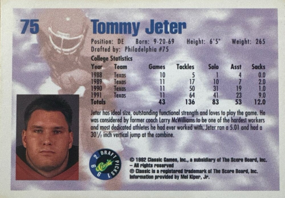 1992 Classic Draft Picks Tommy Jeter Football Card #75