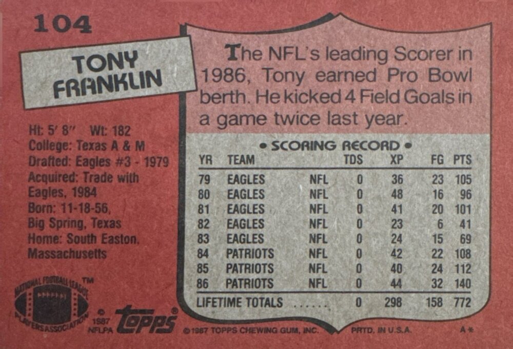 1987 Topps Tony Franklin Football Card #104