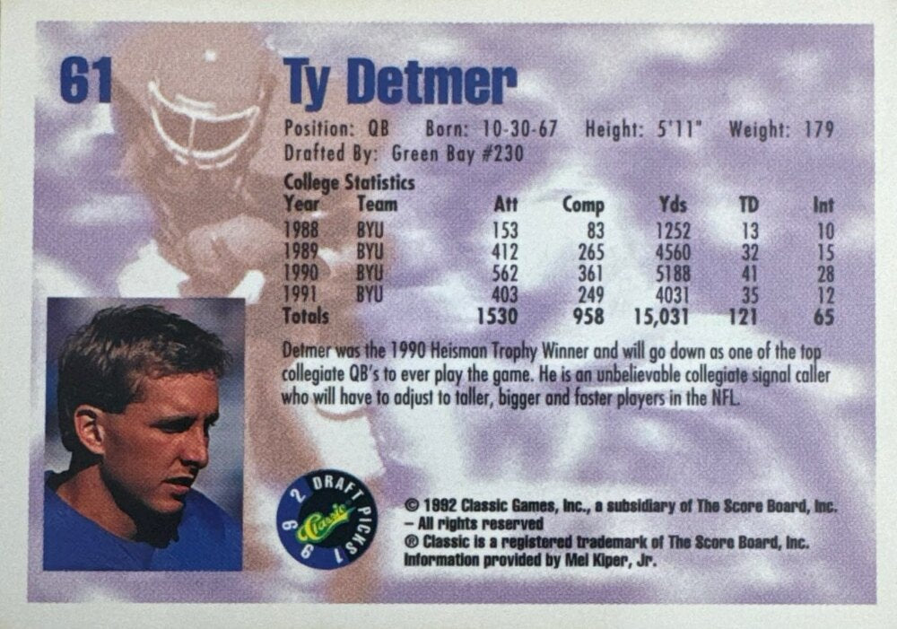 1992 Classic Draft Picks Ty Detmer Football Card #61