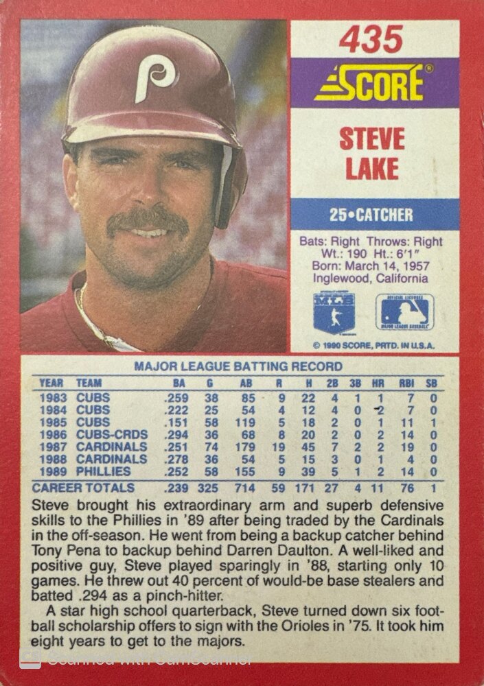 1990 Score Steve Lake Baseball Card #435