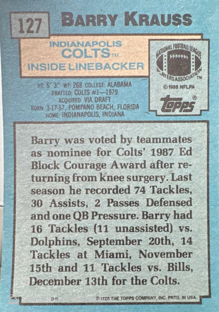 1988 Topps Barry Krauss Football Card #127