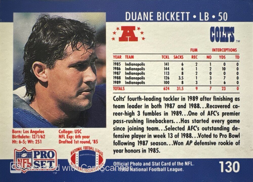 1990 NFL Pro Set Duane Bickett Football Card #130