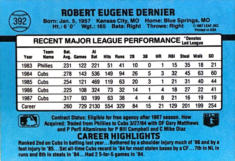 1988 Donruss Robert Eugene Dernier Baseball Card #392