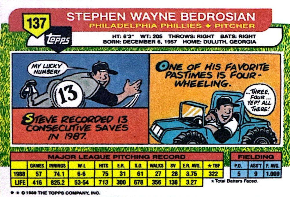 1989 Topps Stephen Wayne Bedrosian Baseball Card #137