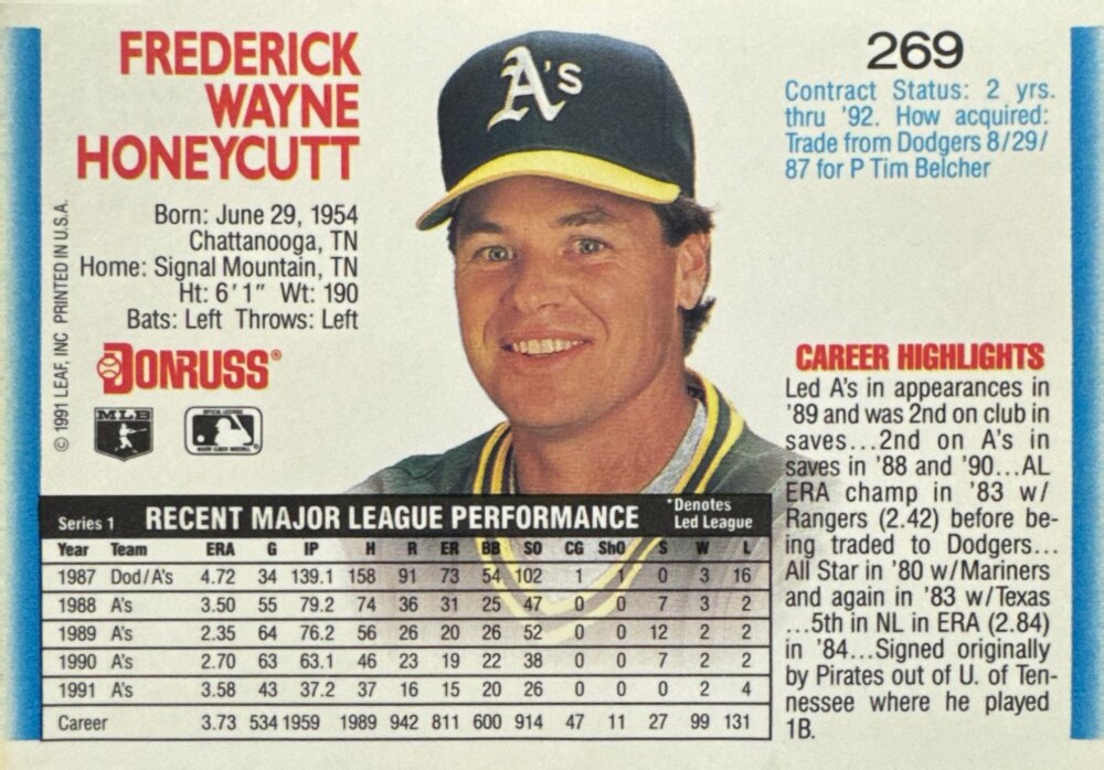 1992 Donruss Freerick Wayne Honeycutt Baseball Card #269