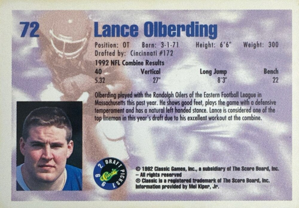 1992 Classic Draft Picks Lance Olderding Football Card #72