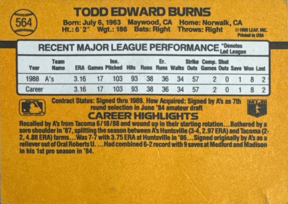 1989 Donruss Todd Edward Burns Baseball Card #564