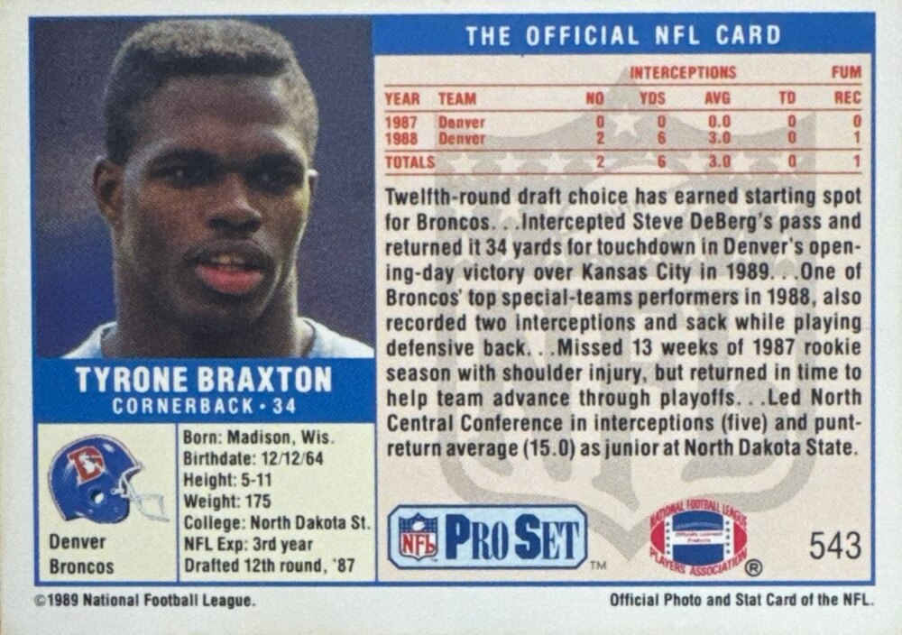 1989 NFL Pro Set Tyrone Braxton Football Card #543