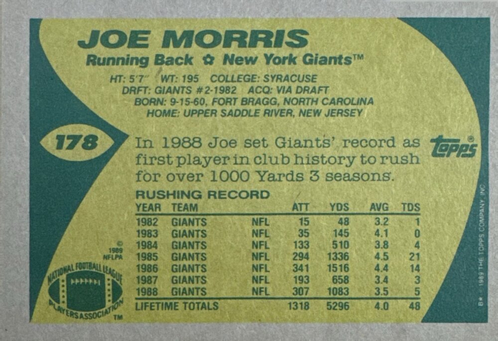 1989 Topps Joe Morris Football Card #178