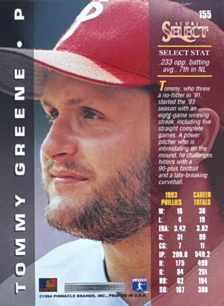 1994 Score Select Tommy Greene Baseball Card #155