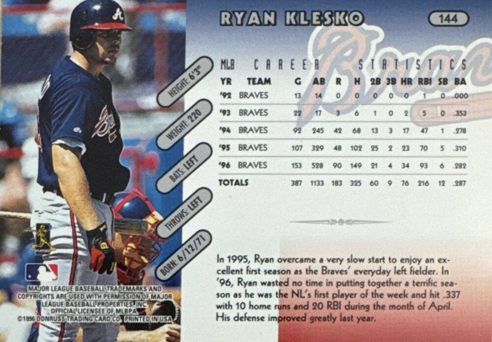 1996 Donruss Ryan Klesko Baseball Card #144