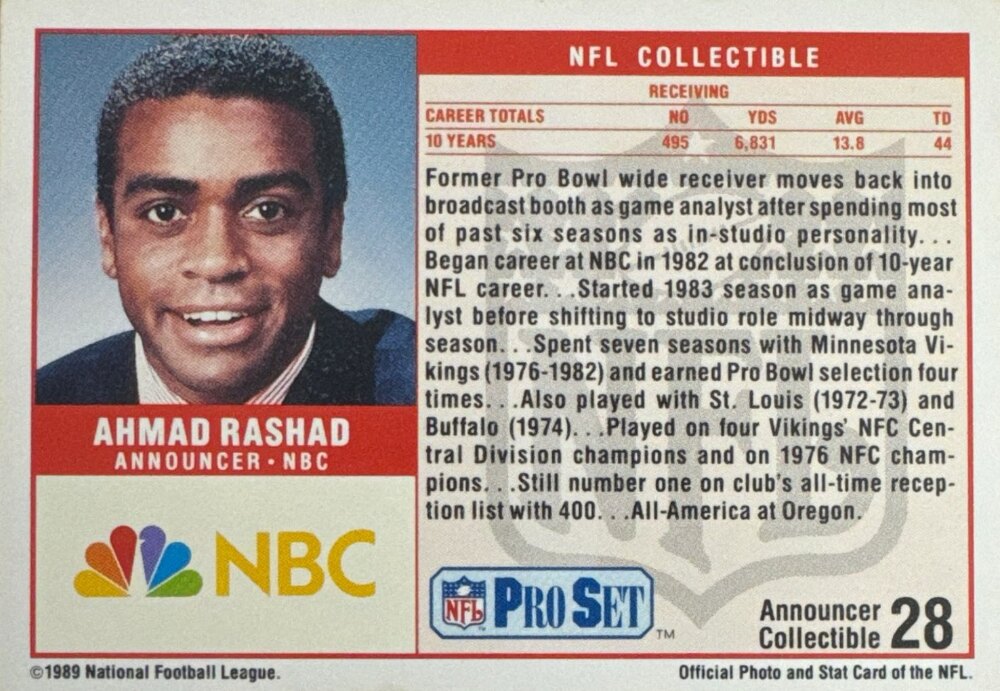 1989 NFL Pro Set Ahmad Rashad Announcer -NBC Football Card #28