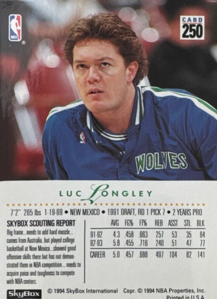 1993-1994 Edition Skybox Premium Luc Longley Basketball Card #250