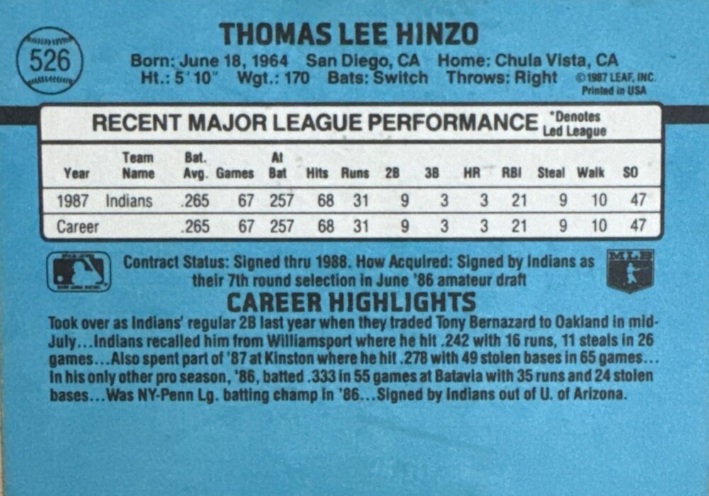 1988 Donruss Tommy Hinzo Baseball Card #526