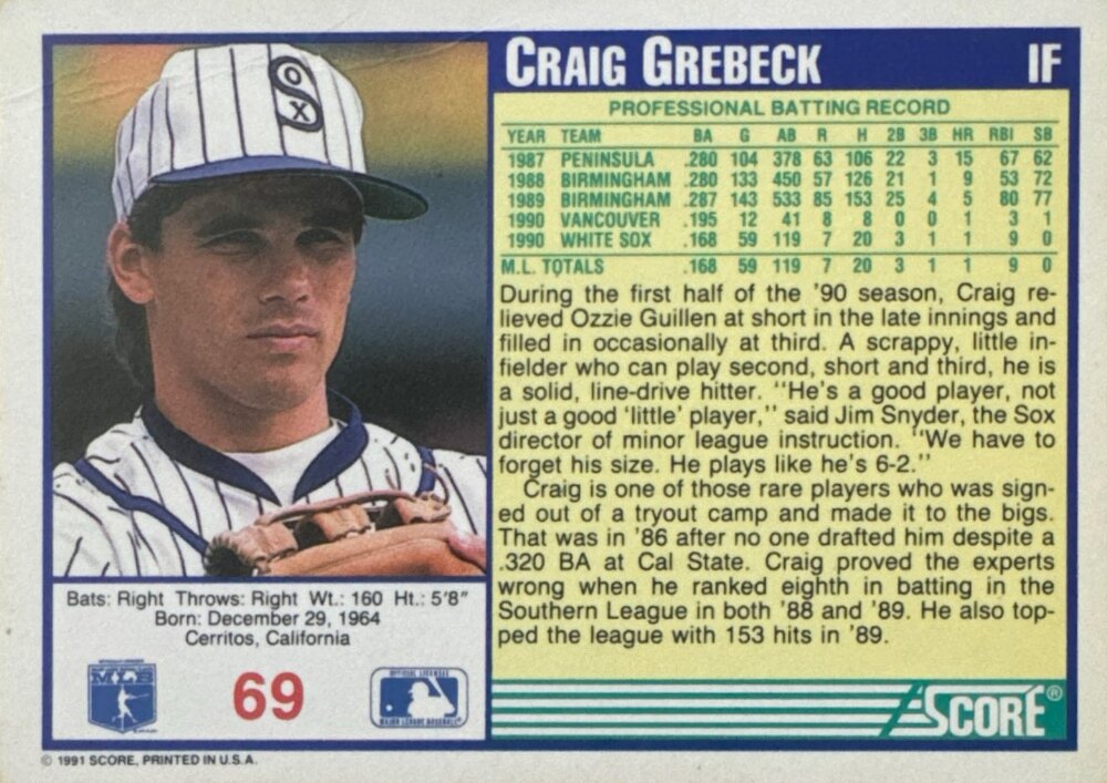 1991 Score Craig Grebeck Baseball Card #69