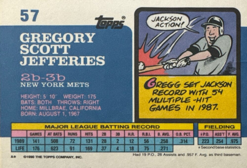 1990 Topps Gregory Scott Jefferies Baseball Card #57