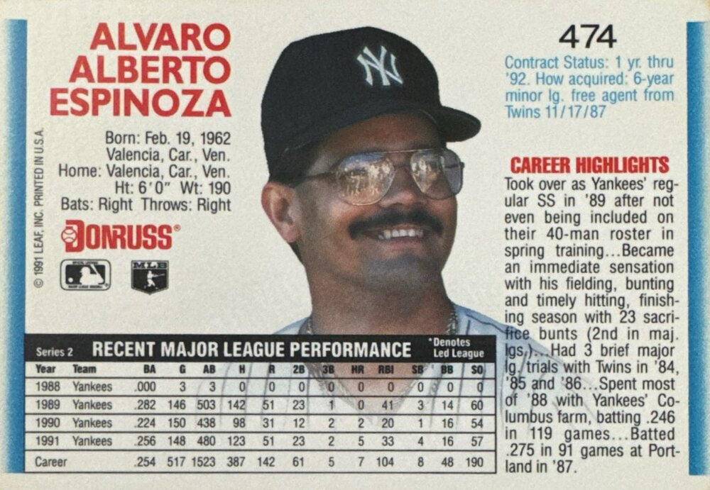 1992 Donruss Alvaro Alberto Espinoza Baseball Card #474