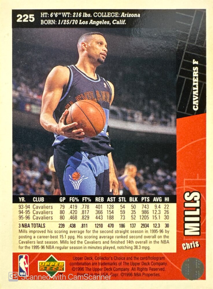 1996 Upper Deck Collectors Choice Chris Mills Basketball Card #225