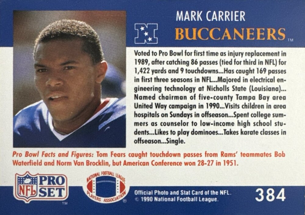 1990 NFL Pro Set Mark Carrier Football Card #384