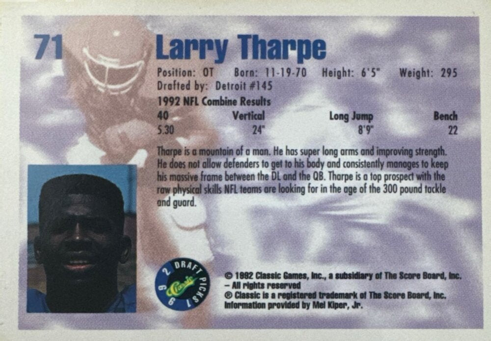 1992 Classic Draft Picks Larry Tharpe Football Card #71