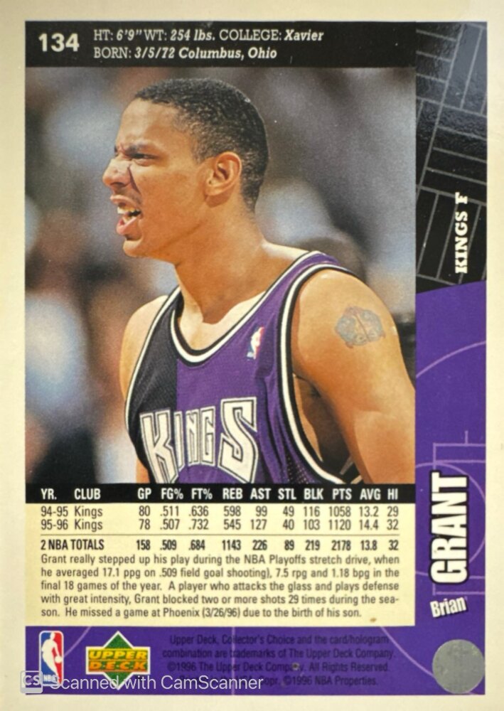 1996 Upper Deck Collectors Choice Brian Grant Basketball Card #134